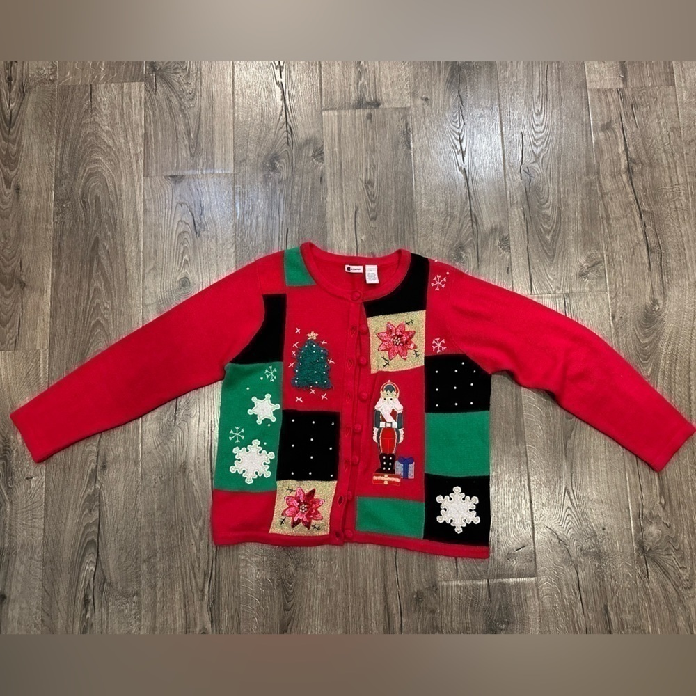 KB Womens Large Cardigan Ugly Sweater Christmas Tree Nutcracker Poinsettia VTG - Picture 3 of 9